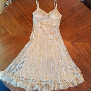 Vintage Y2K beaded Sue Wong Gold Metallic Crochet Midi Slip Dress